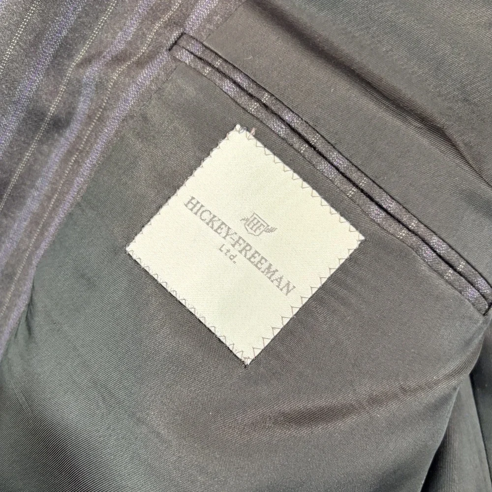 VTG Hickey Freeman Suit Men 44R Gray Striped Wool Pleated Pants 38x28 USA Made